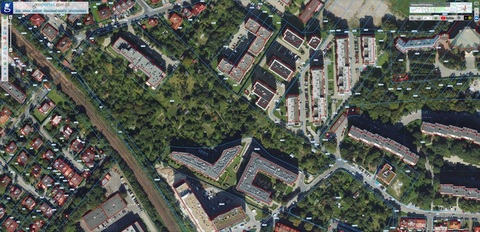 Mapa satelitarna ROD Zieleniewski I z geoportal.gov.pl - widok z satelity pokazujący ogród działkowy w Krakowie